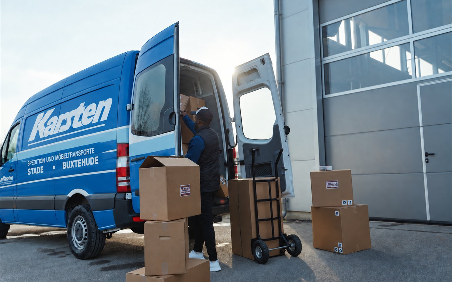 Blauer Karsten-Möbeltransporter mit geöffneten Hecktüren, davor gestapelte Umzugskartons und eine Sackkarre