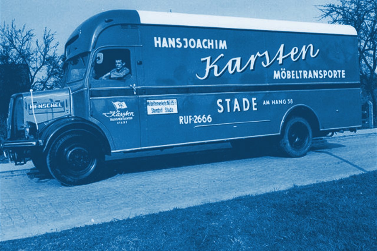 Historischer Henschel Möbelkoffer mit Aufschrift Hansjoachim Karsten Möbeltransporte Stade Am Hang 38 Ruf 2666