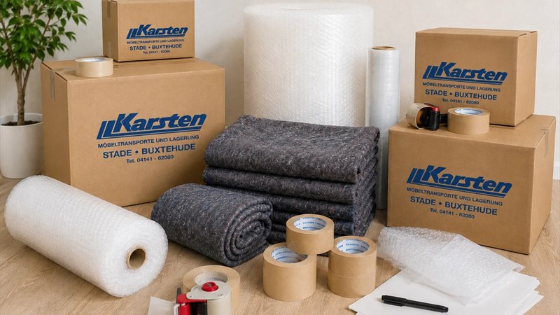 Umzugsmaterial der Firma Karsten: beschriftete Kartons, Luftpolsterfolie, Möbeldecken und Klebeband