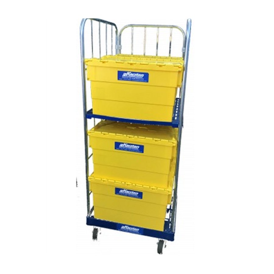 Rollwagen mit gelben Transportboxen und Karsten-Logo